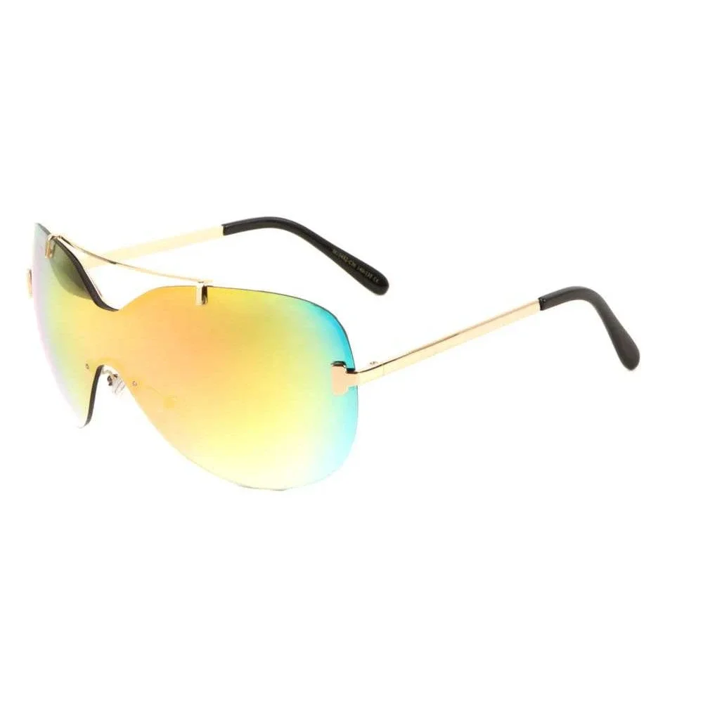 Rimless Sunglasses Rainbow‎ Lens Shield Visor Gold Accents Fashion Shades Lentes